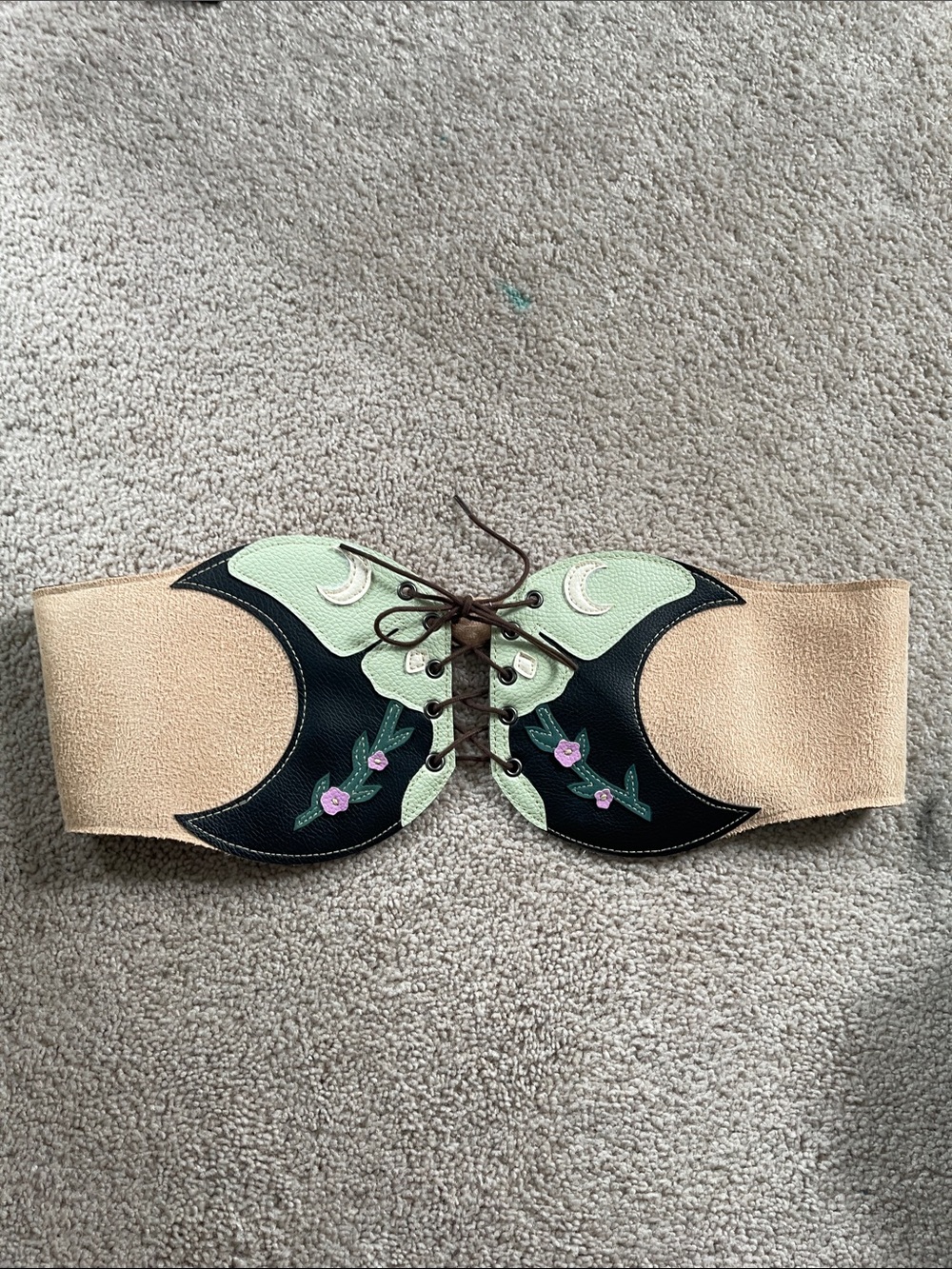 Moth Lace-Up Embroidered Wide Corset Belt in Beige, Black & Mint